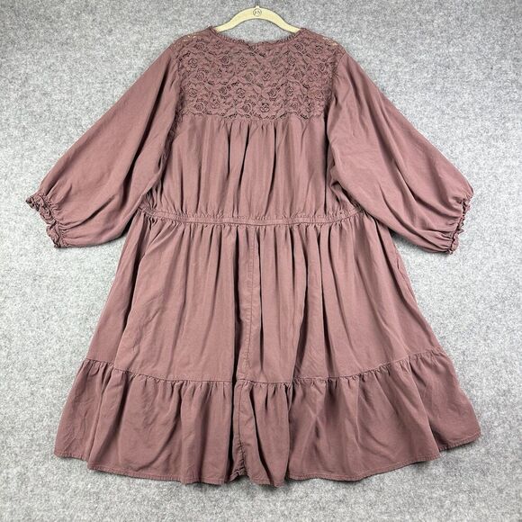 Torrid Mini Challis Ruffle Neck Shirt Dress Womens 3X Rose Taupe Pockets Lace - Picture 9 of 16